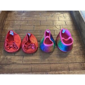Build-A-Bear Shoes Bundle Red Sequin Bow Flats Rainbow Glitter MaryJanes BAB EUC
